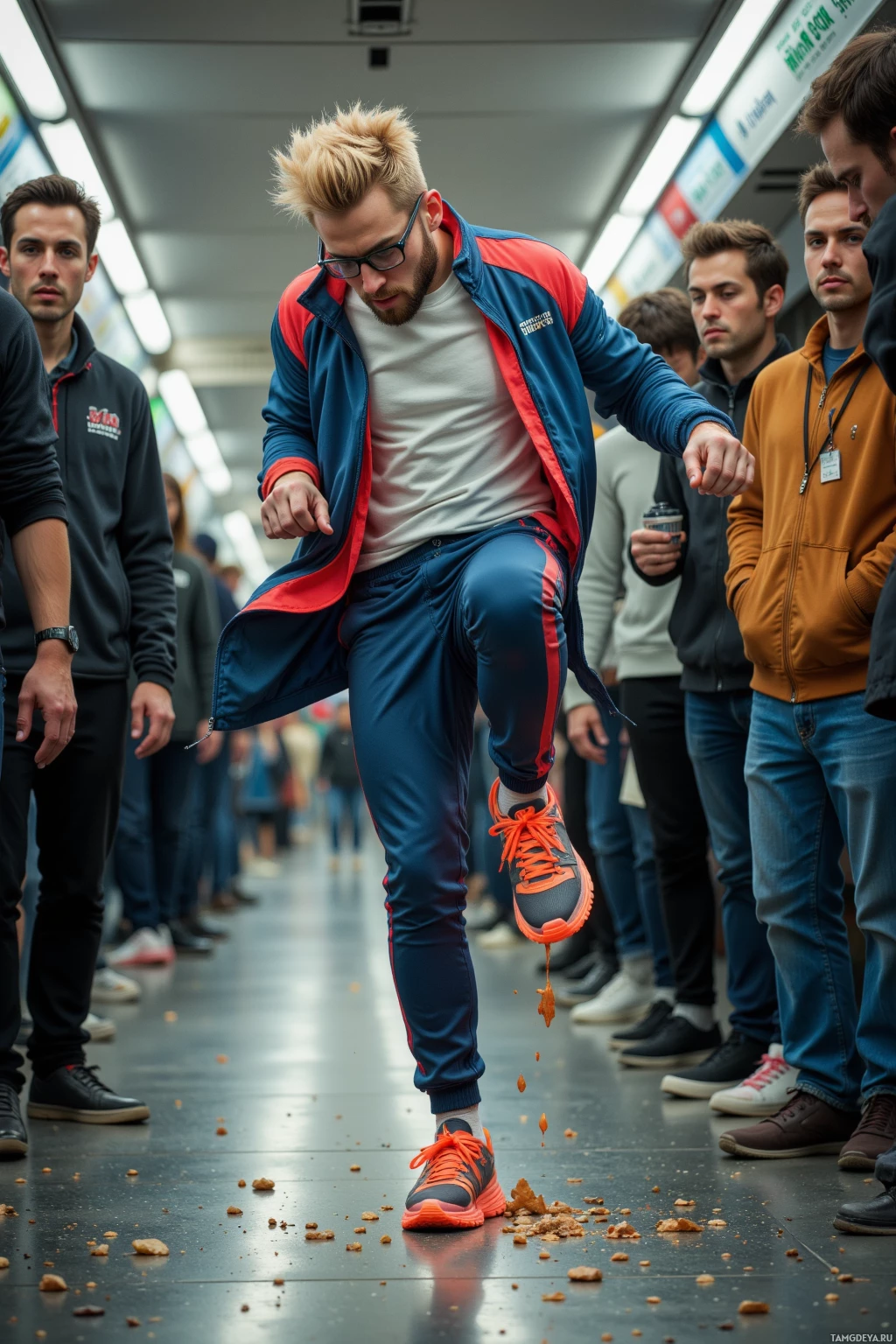 A man in a blue and red tracksuit kicks his leg up, spilling food crumbs on the floor in a crowded subway station.