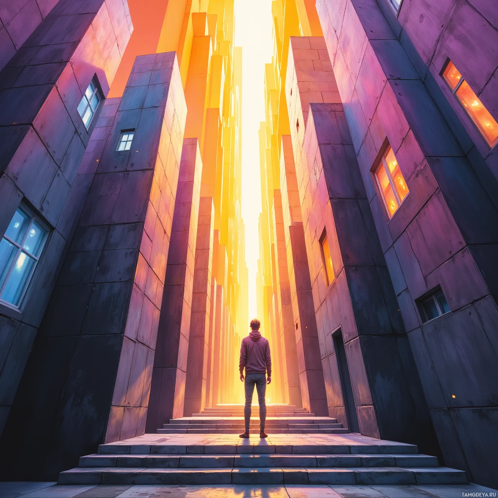 A person stands at the base of a staircase leading up to a bright, glowing light at the top.