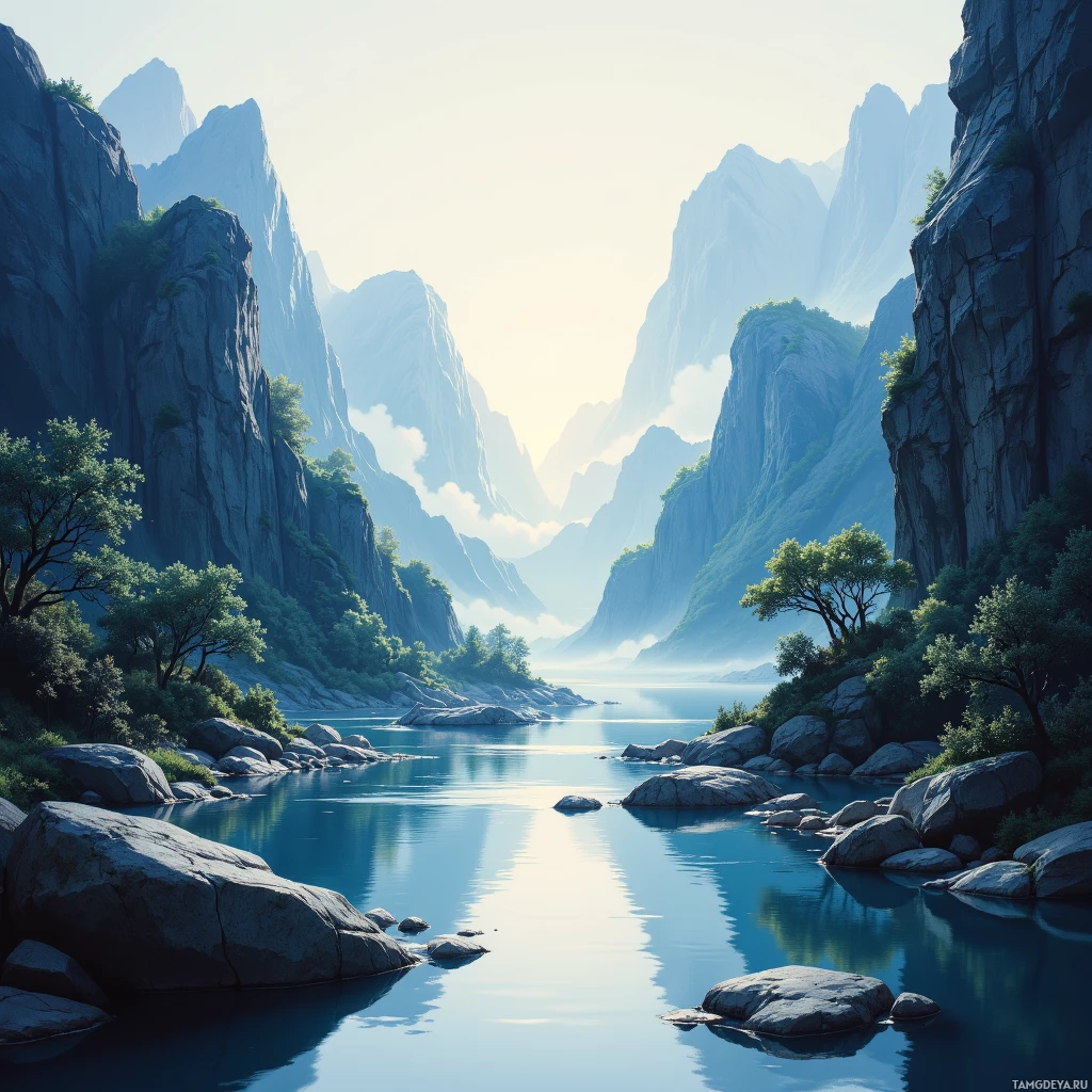 A serene landscape featuring a calm river surrounded by towering, misty mountains.
