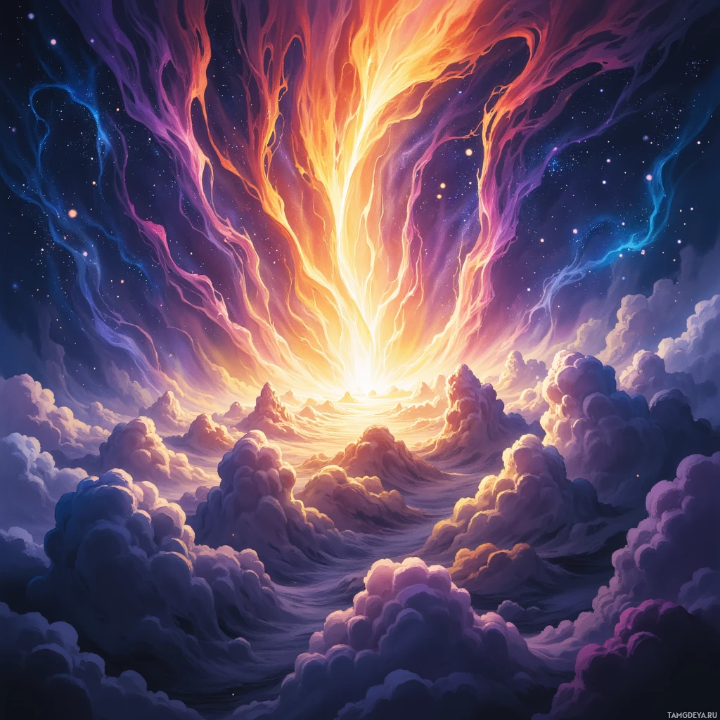 A vibrant cosmic scene with swirling clouds and a radiant light source at the center.