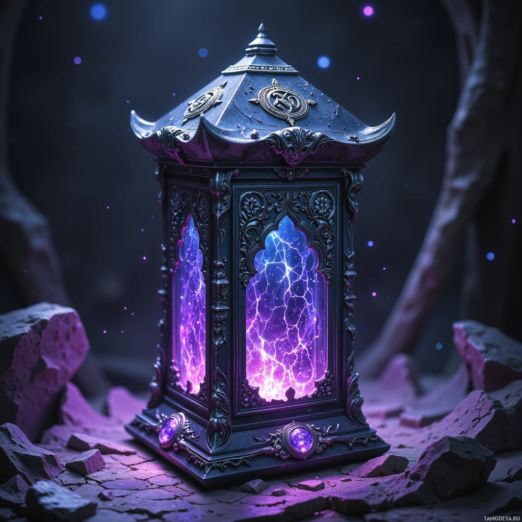 A glowing, ornate lantern with purple and blue hues sits on rocky ground.