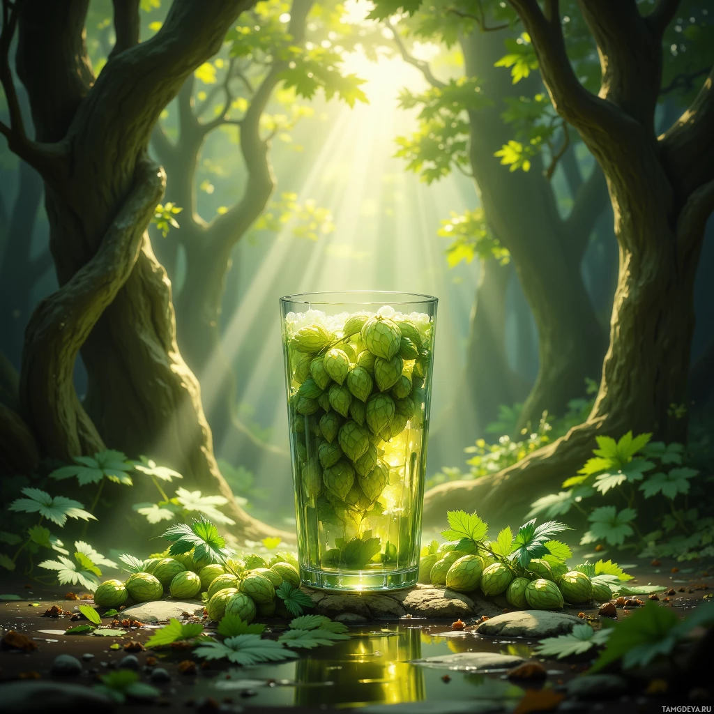A glass filled with green hops is set in a serene forest with sunlight filtering through the trees.