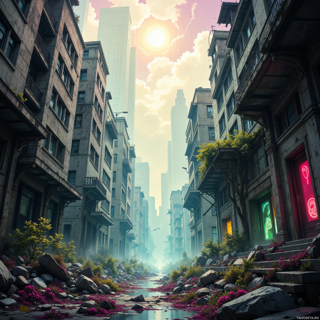 A cityscape with tall buildings and a river, featuring a mix of urban decay and nature reclaiming the area.