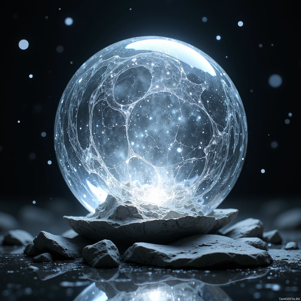 A glowing, intricate crystal sphere rests on a bed of rocks against a starry night sky.