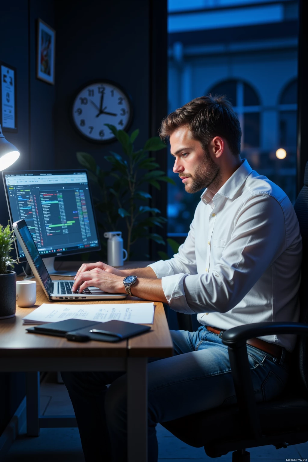 A man works at a desk in a dimly lit office, using a laptop.