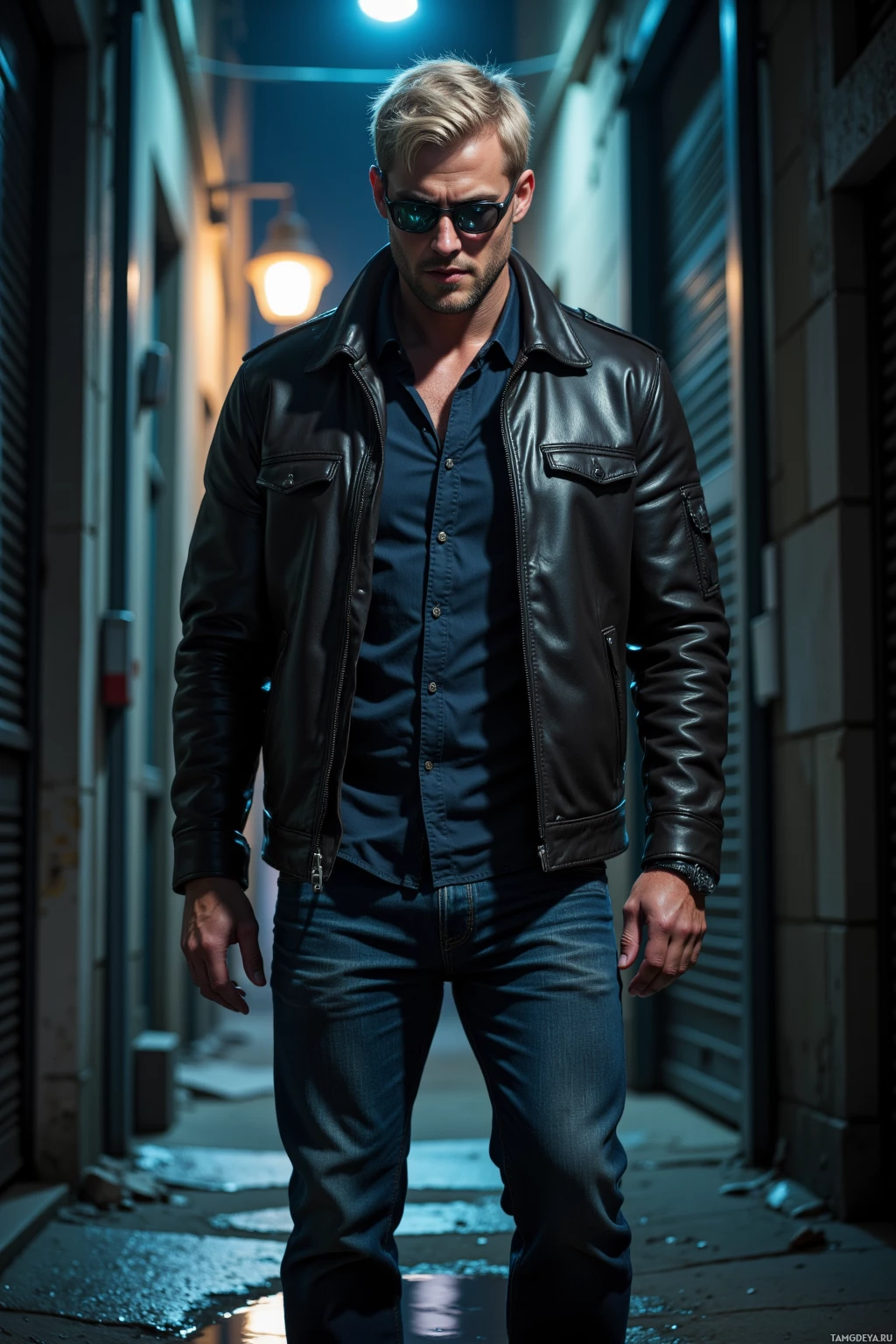 A man in a leather jacket and sunglasses stands in a dimly lit alleyway.
