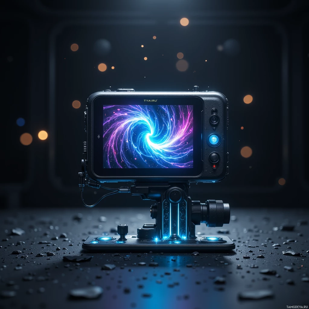 A futuristic camera setup with glowing blue lights and a vibrant swirling pattern displayed on its screen.
