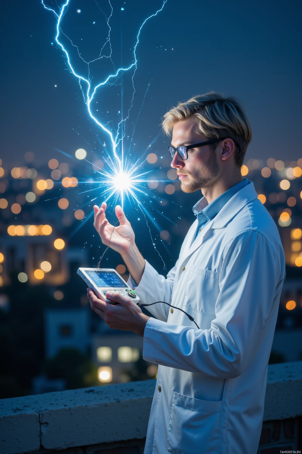 A person in a lab coat holds a device with a glowing screen, standing on a rooftop at night with lightning and city lights in the background.
