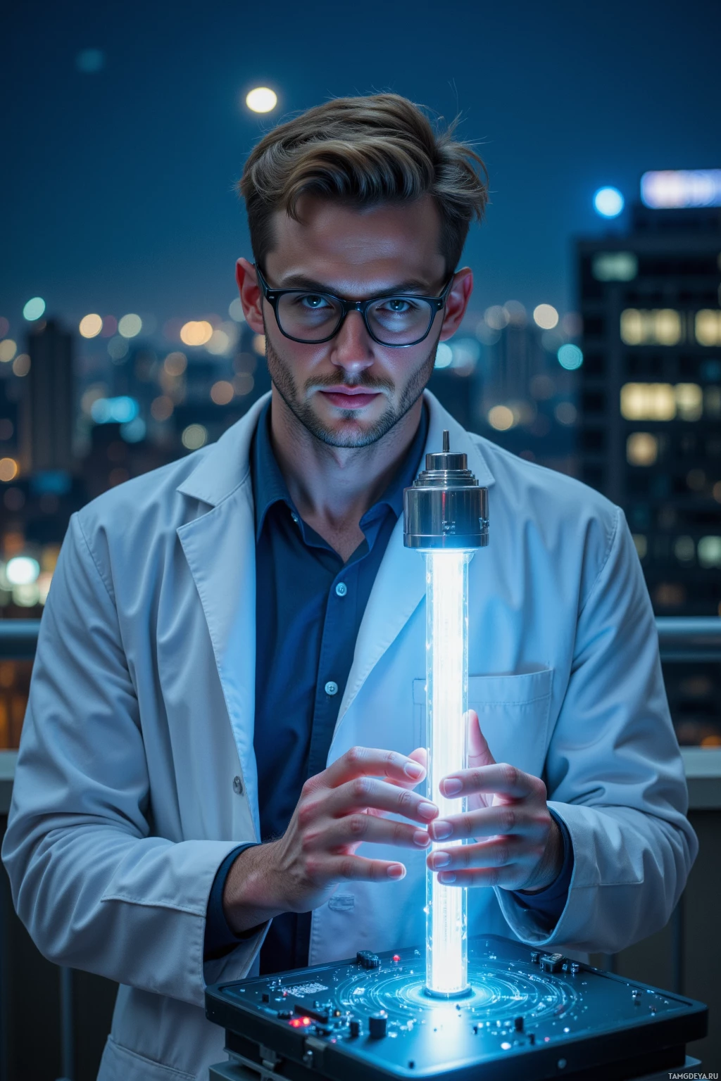 A man in a lab coat holds a glowing cylindrical device in a nighttime urban setting.