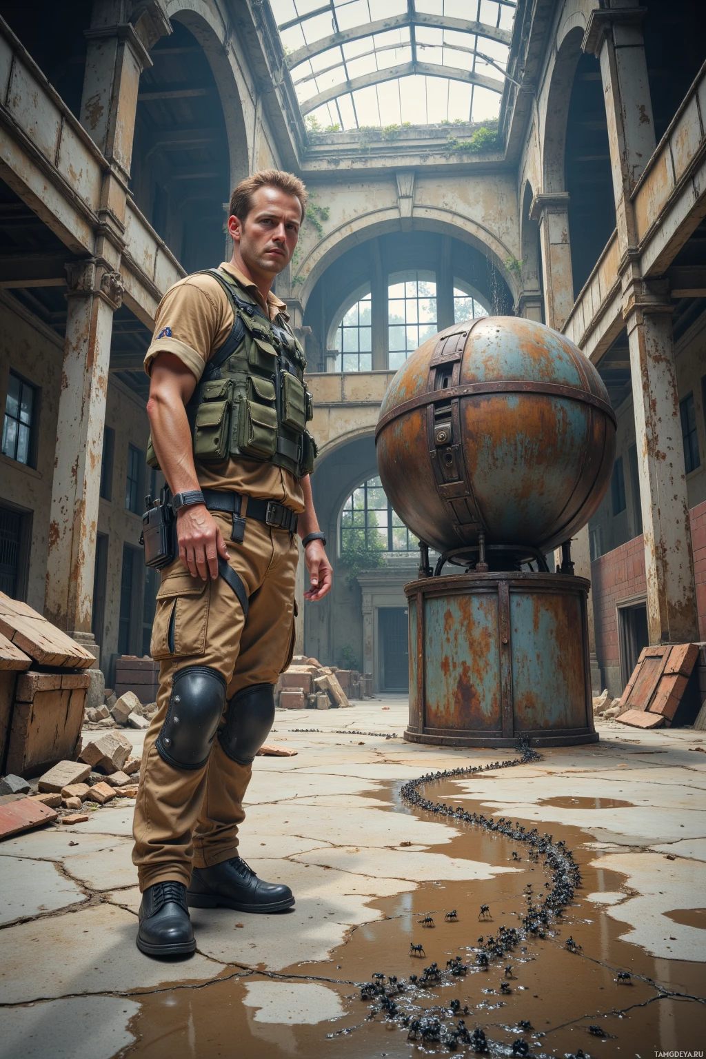 Realistic high quality photo. A 29‑year‑old man with short brown hair, blue eyes, in faded tan tactical gear, cargo pants, and a green utility vest stands in an abandoned warehouse courtyard, pointing at a makeshift rainwater trap built from rusted metal and salvaged plastic, while a line of ants follows a slick trail on cracked concrete beneath the filtered light from broken windows.