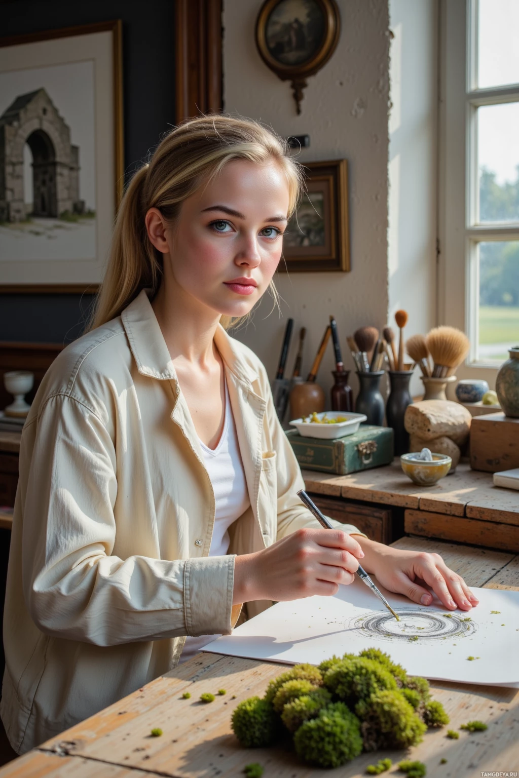 Realistic high quality photo. A 35‑year‑old woman with long blonde hair tied in a ponytail, blue eyes, wearing a loose jacket over a white shirt and light linen trousers, sits at a wooden studio desk cluttered with old brushes and a small pile of moss on a table, tracing the moss onto paper while a sketch of ruined stone architecture hangs on the wall, the studio lit by soft natural light and filled with quiet, methodical work.