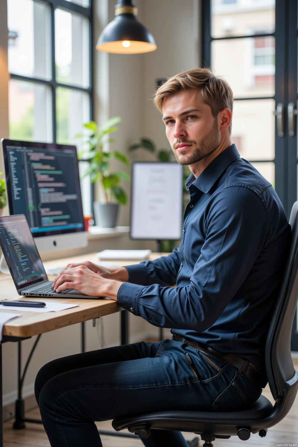 A man sits at a desk in a modern office, working on a laptop with code visible on the screen.