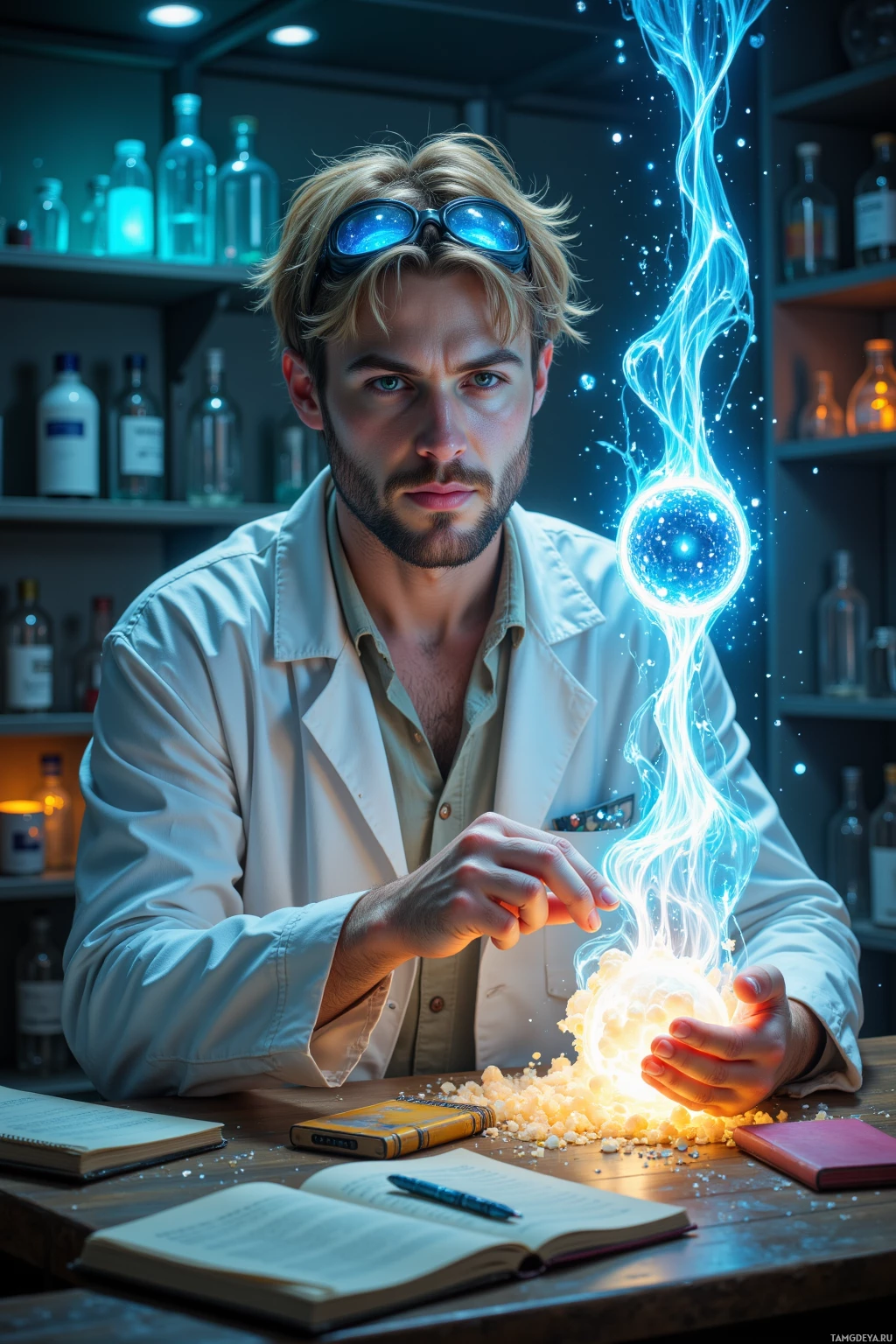 Realistic high quality photo. A 29‑year‑old eccentric male chemist with messy blonde hair, blue eyes, pale skin, goggles perched on his head, wearing a slightly stained lab coat over a white shirt, tinkering with a glowing nano‑foam‑isotope reaction in a dimly lit futuristic laboratory, surrounded by scattered notebooks and flickering lights as a shimmering lattice materializes around him.