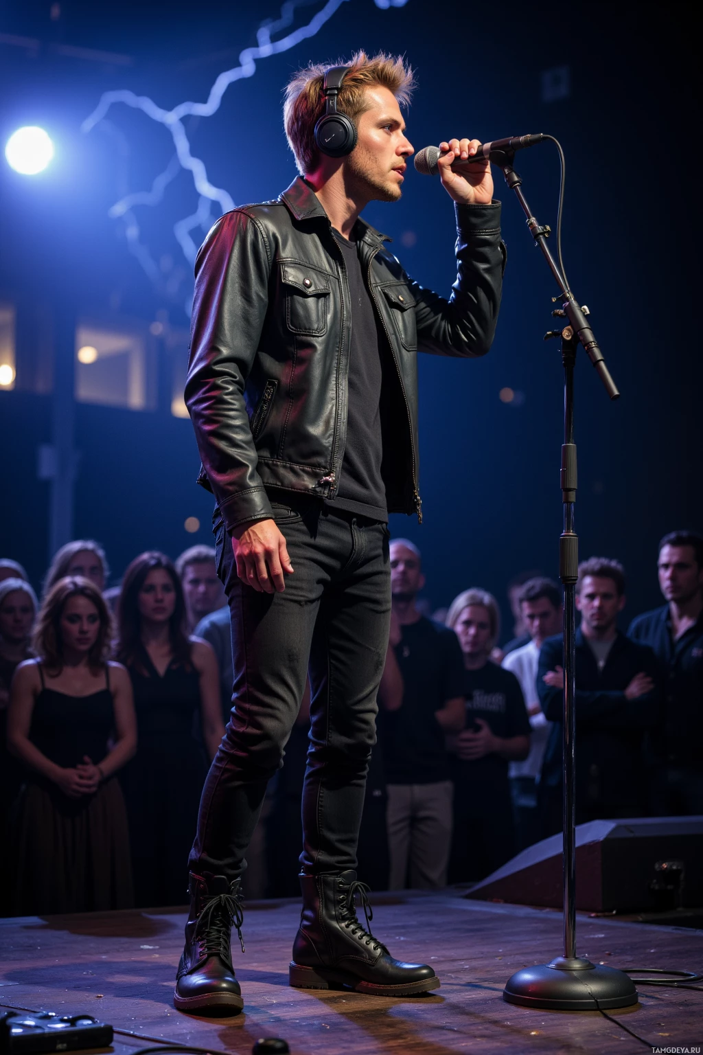 Realistic high quality photo. 32‑year‑old man with messy dark blonde hair, blue eyes, olive skin, wearing a worn leather jacket, black jeans, scuffed combat boots, standing on a studio stage lit by flickering thunder‑storm lights, whispering into a microphone with headphones on, silent audience in the background, night.
