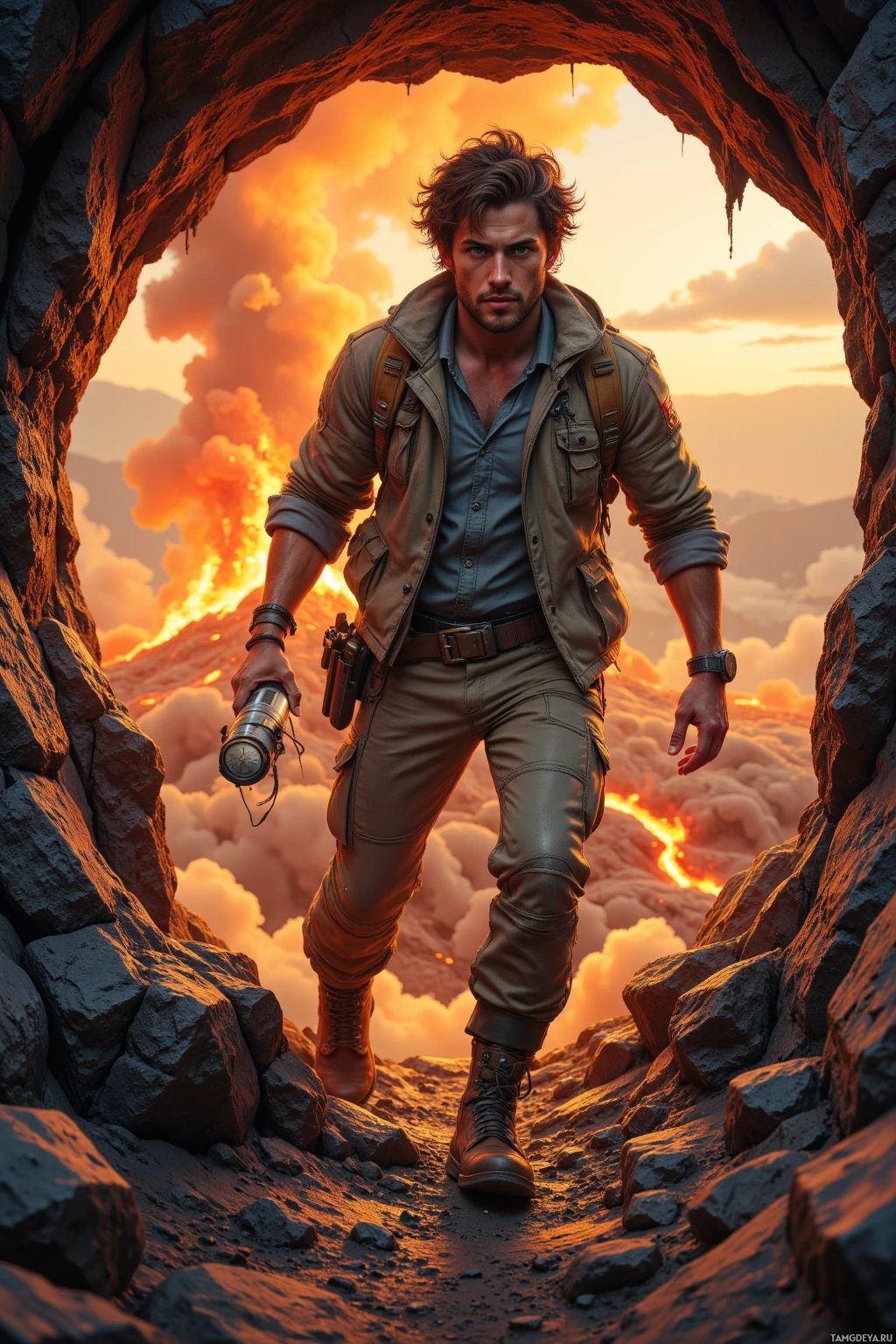 A rugged adventurer stands in a rocky archway, holding a flashlight, with a dramatic sky and erupting volcano in the background.
