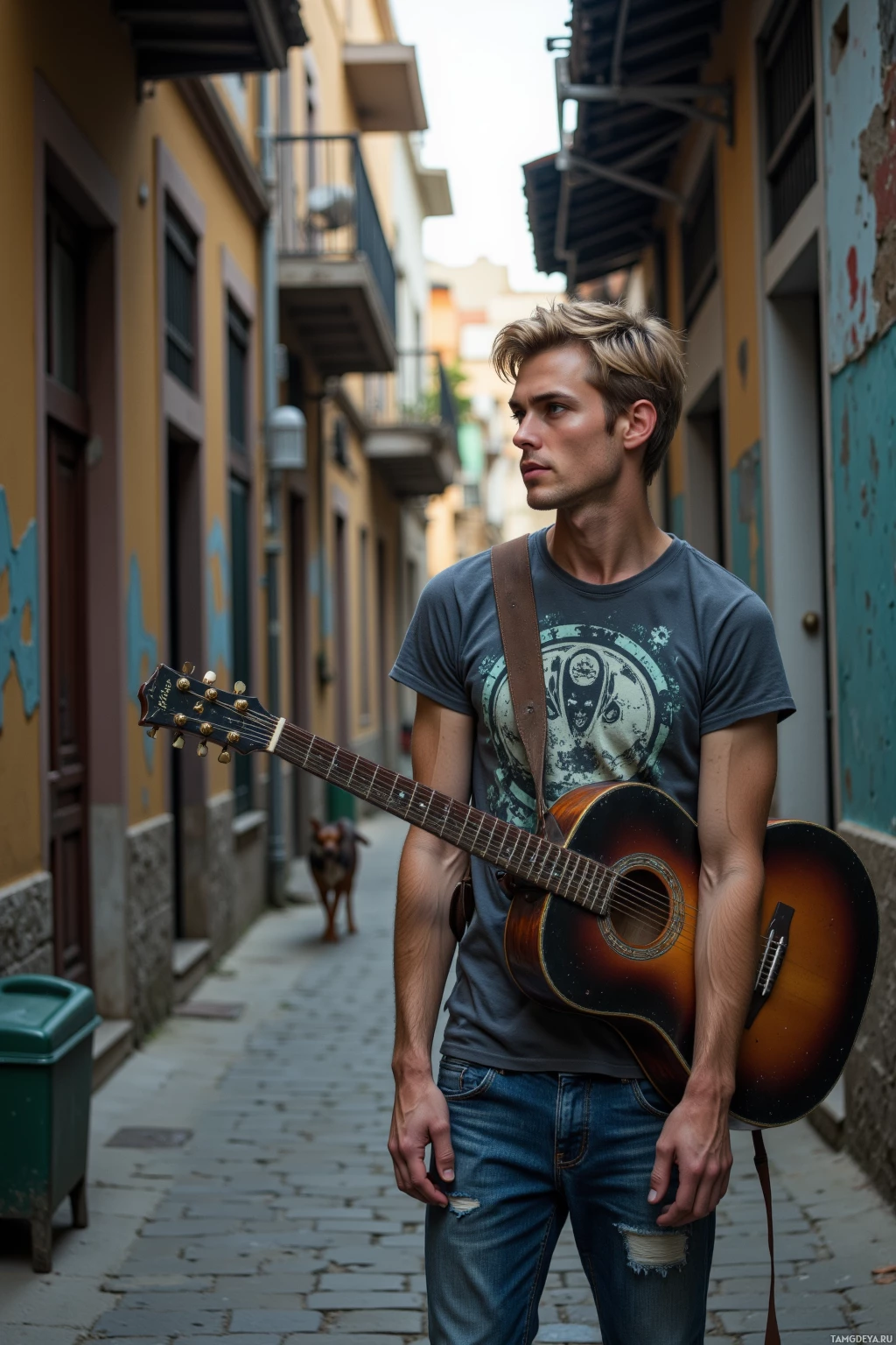 A young man stands in a narrow alleyway, holding an acoustic guitar over his shoulder.