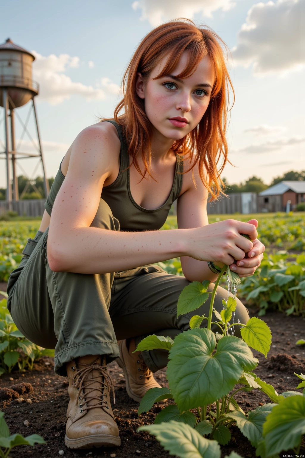 Realistic high quality photo. Female 24-year-old with fiery red wild waves, sharp blue eyes, pale skin, wearing olive green tank top, rugged khaki pants, scuffed combat boots, utility belt, pruning a stubborn vine in a hidden patch of wild greens behind an old water tower at dawn, damp soil under her fingers, a makeshift tarp shelter flapping in wind, she laughs, watering seedlings with determined posture, morning light filtering through.