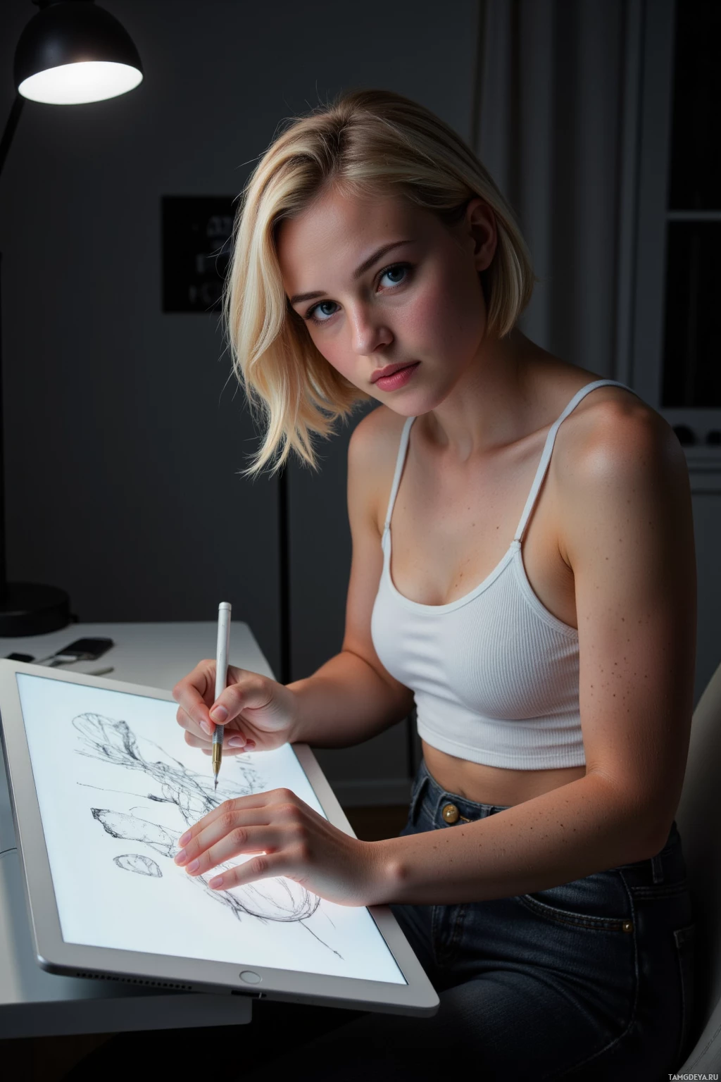 A person is drawing on a tablet with a stylus.