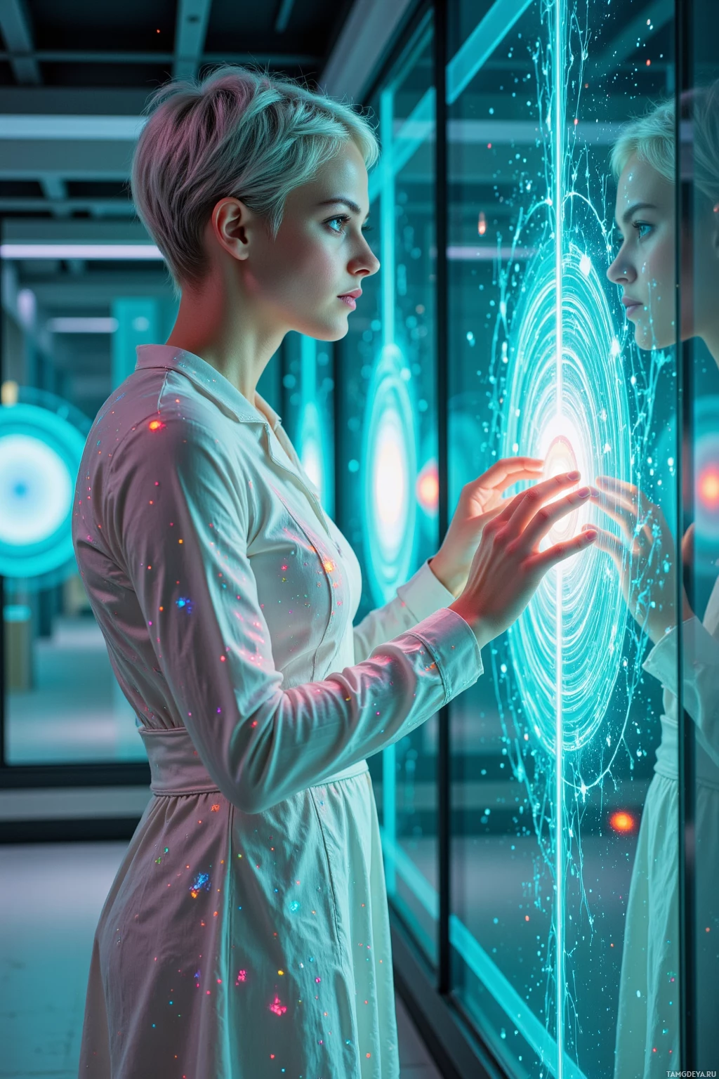 A woman in a light-colored dress interacts with a glowing, futuristic interface.