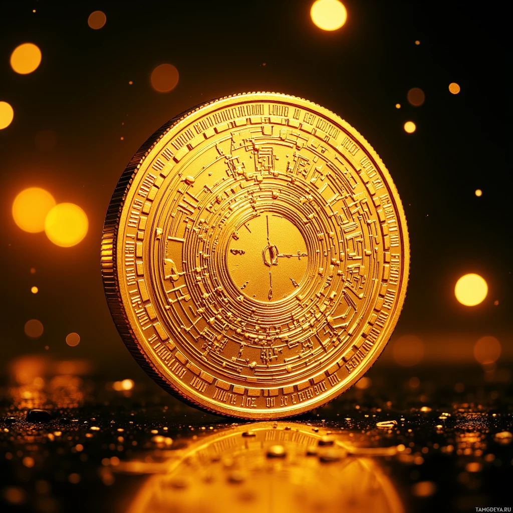 A close-up of a shiny, intricately designed gold coin with a reflective surface and glowing background.