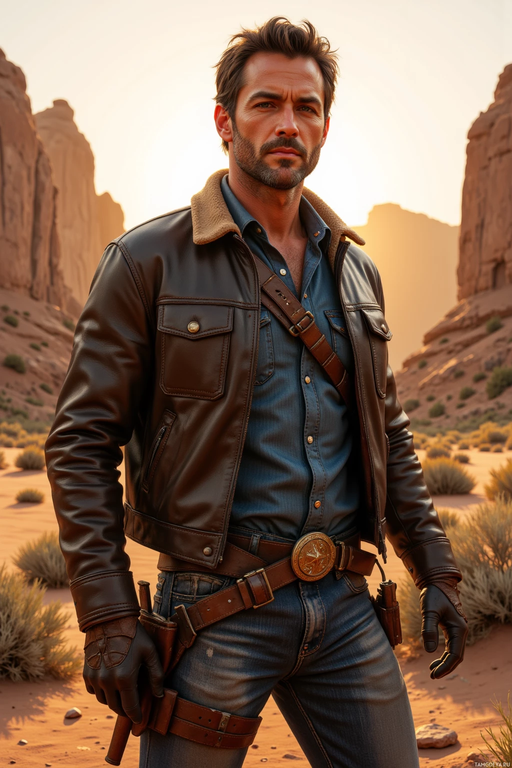 A man in a leather jacket and jeans stands in a desert landscape.