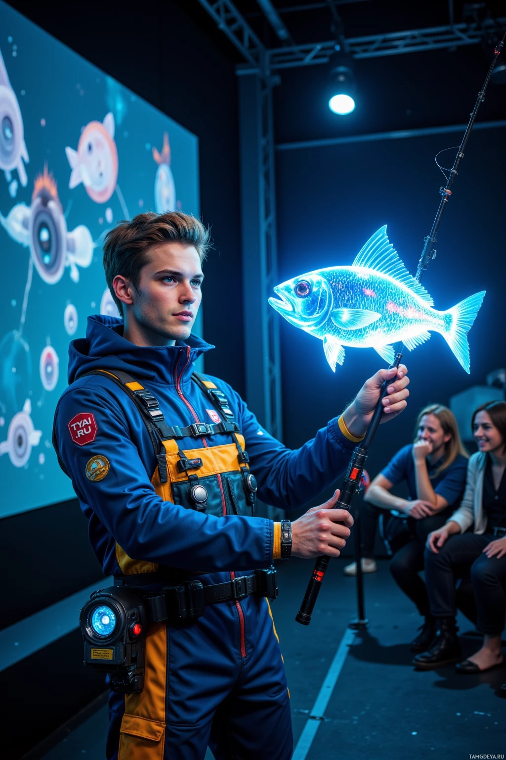 A person in a futuristic outfit holds a glowing fish-shaped object in a dimly lit room with an audience.