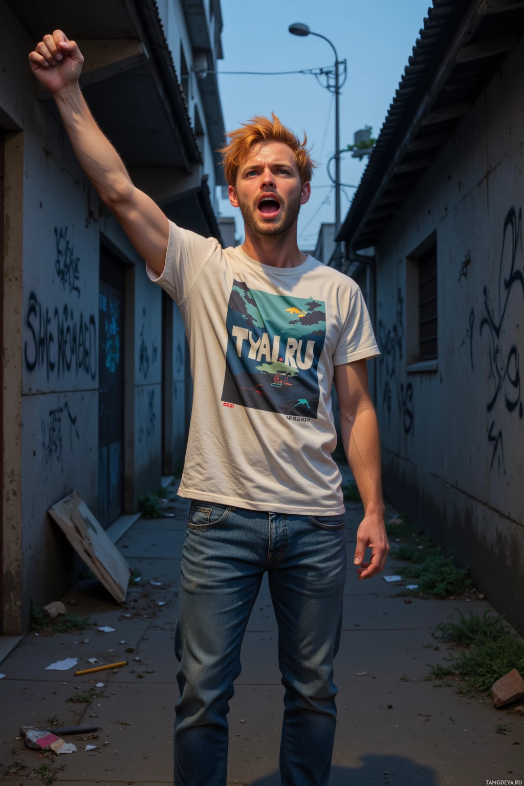 A person stands in an alleyway, raising their fist and wearing a graphic t-shirt.