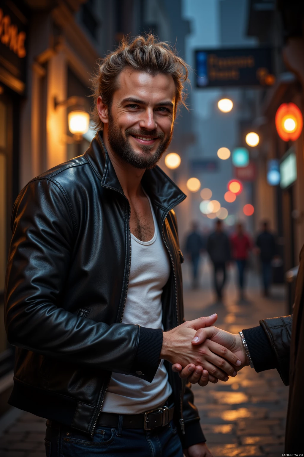 A man in a leather jacket shakes hands with another person on a cobblestone street at dusk.