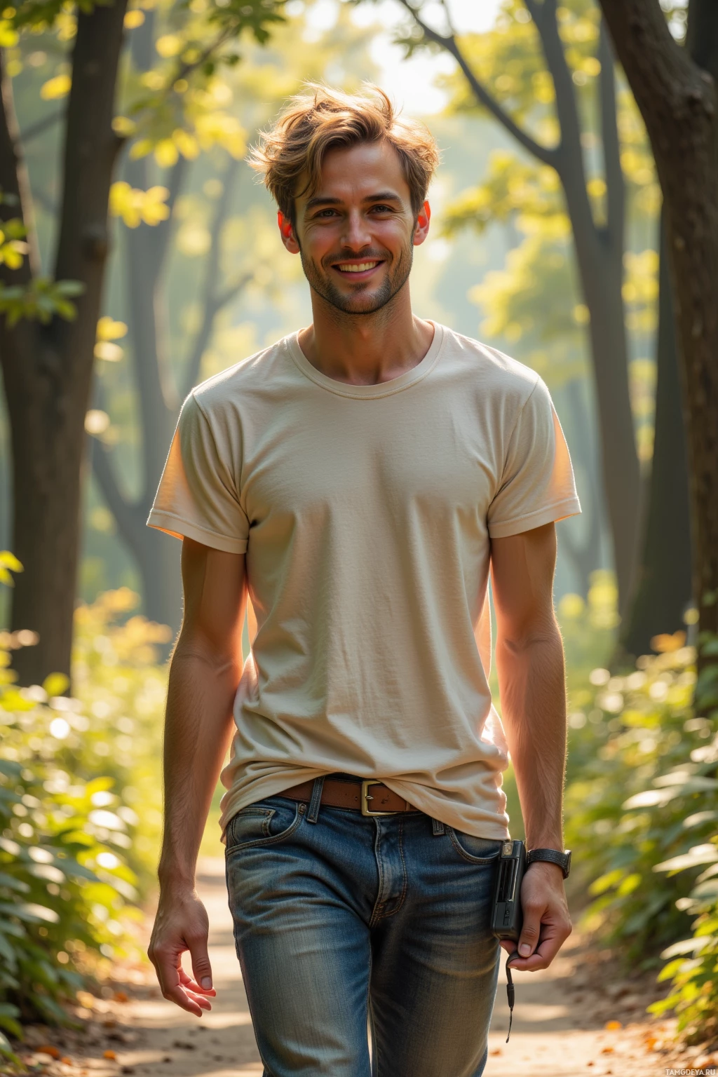 A man in a beige t-shirt and jeans walks through a forested area.