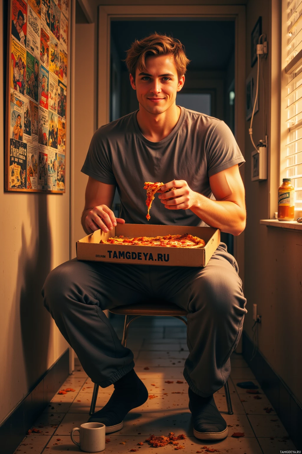 A person sits on a stool holding a slice of pizza, with a pizza box and scattered crumbs on the floor.