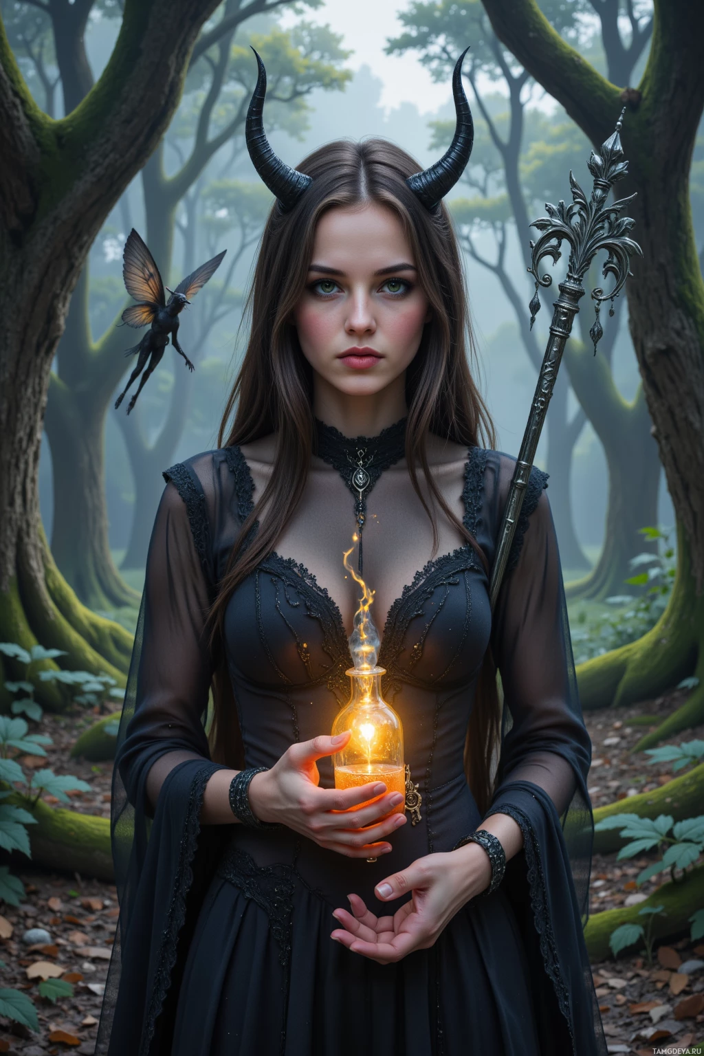 A woman in a dark, lace-trimmed gown holds a glowing orb, standing in a misty forest with a small, winged creature nearby.