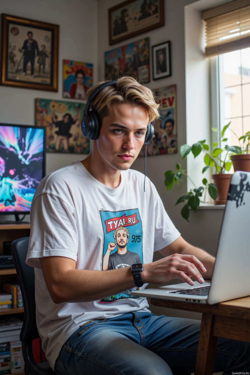 A person wearing headphones and a graphic t-shirt is seated at a desk, working on a laptop.