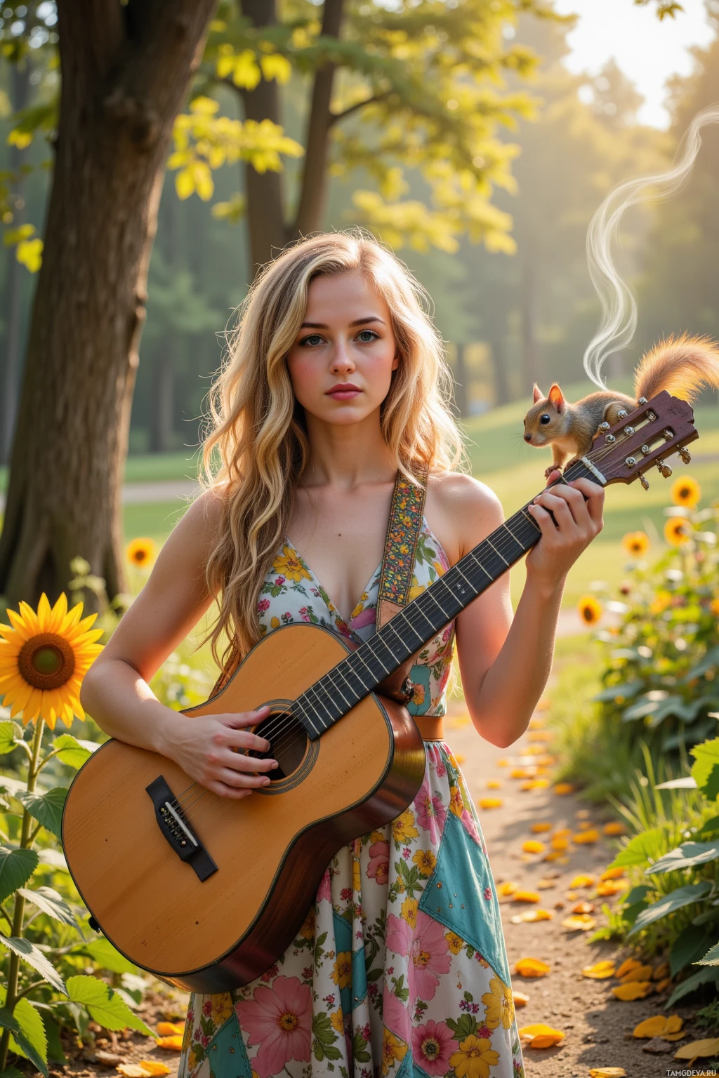 A woman in a floral dress holds an acoustic guitar in a sunlit garden with a squirrel perched on the guitar.