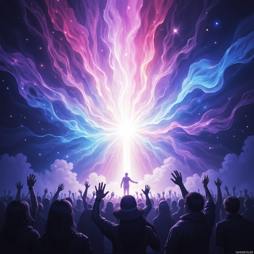 A vibrant cosmic scene with a radiant light source and a crowd of people raising their hands.
