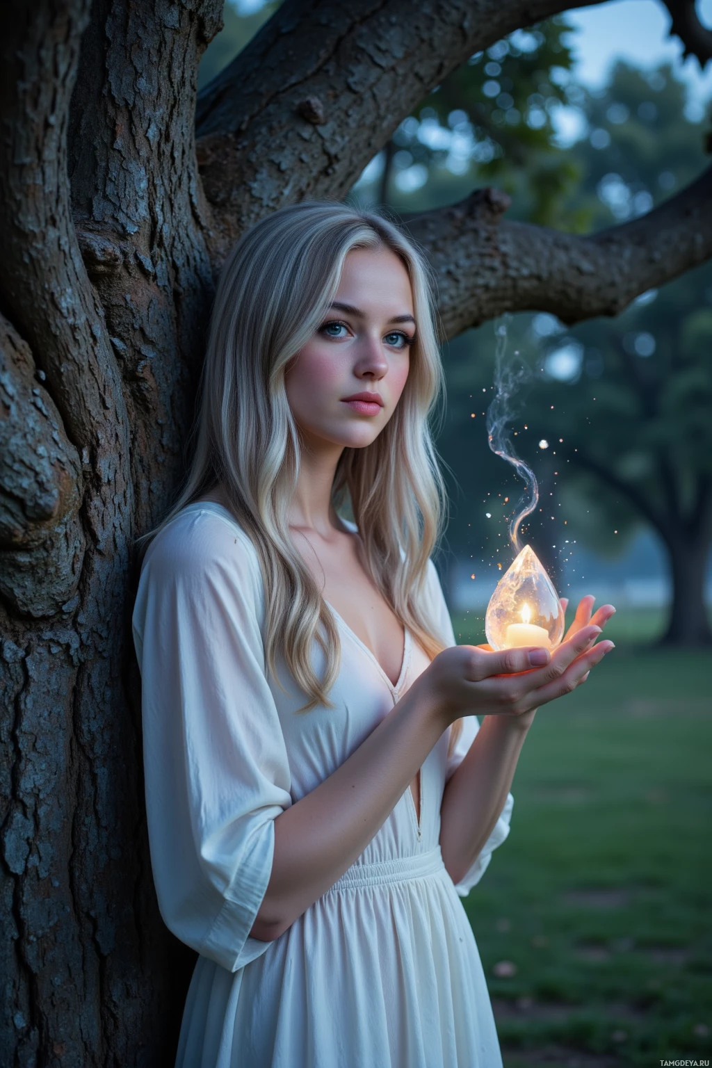 A woman in a white dress holds a glowing candle, leaning against a tree in a serene outdoor setting.