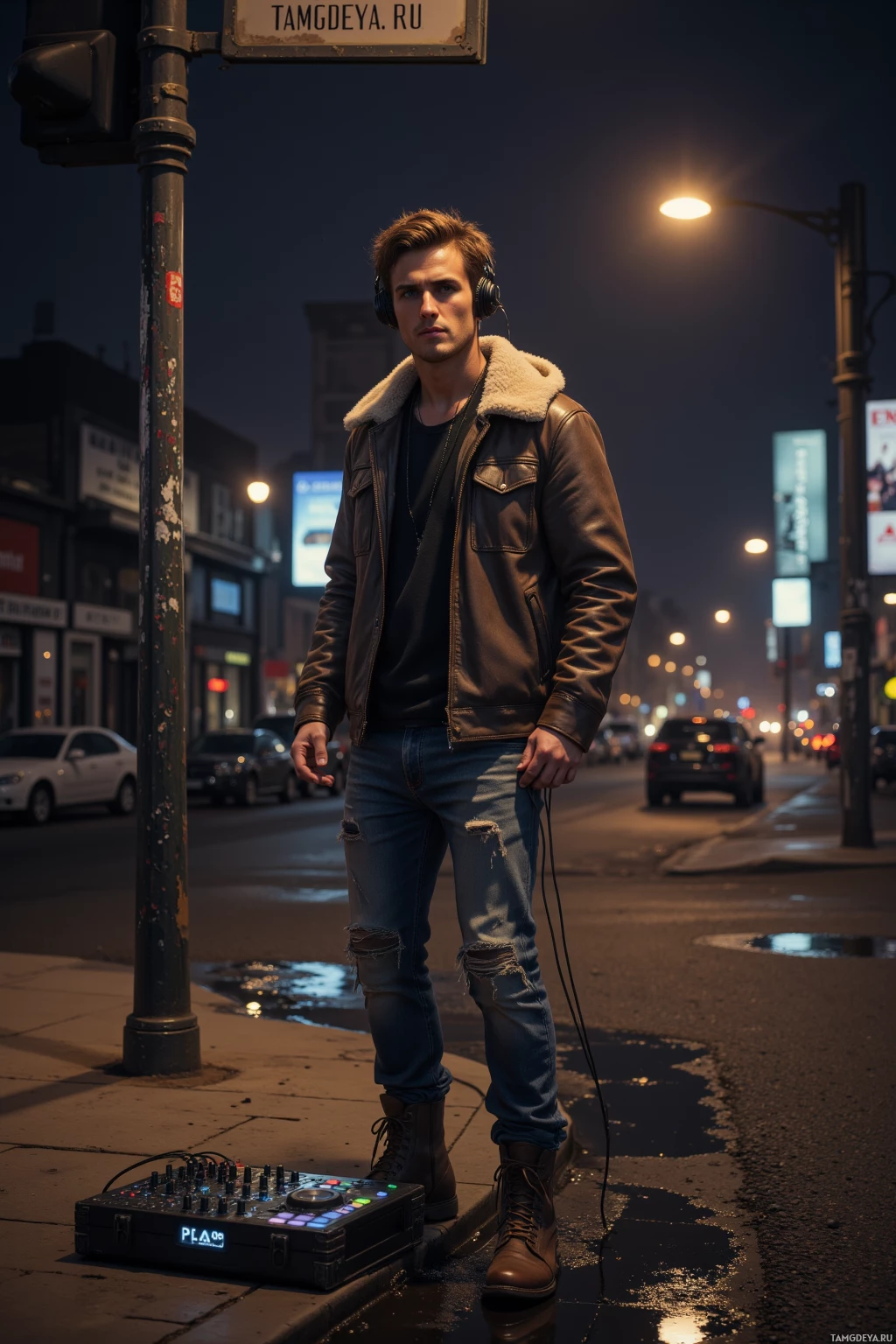 A man stands on a city street at night, wearing headphones and a leather jacket, with a DJ mixer on the ground beside him.