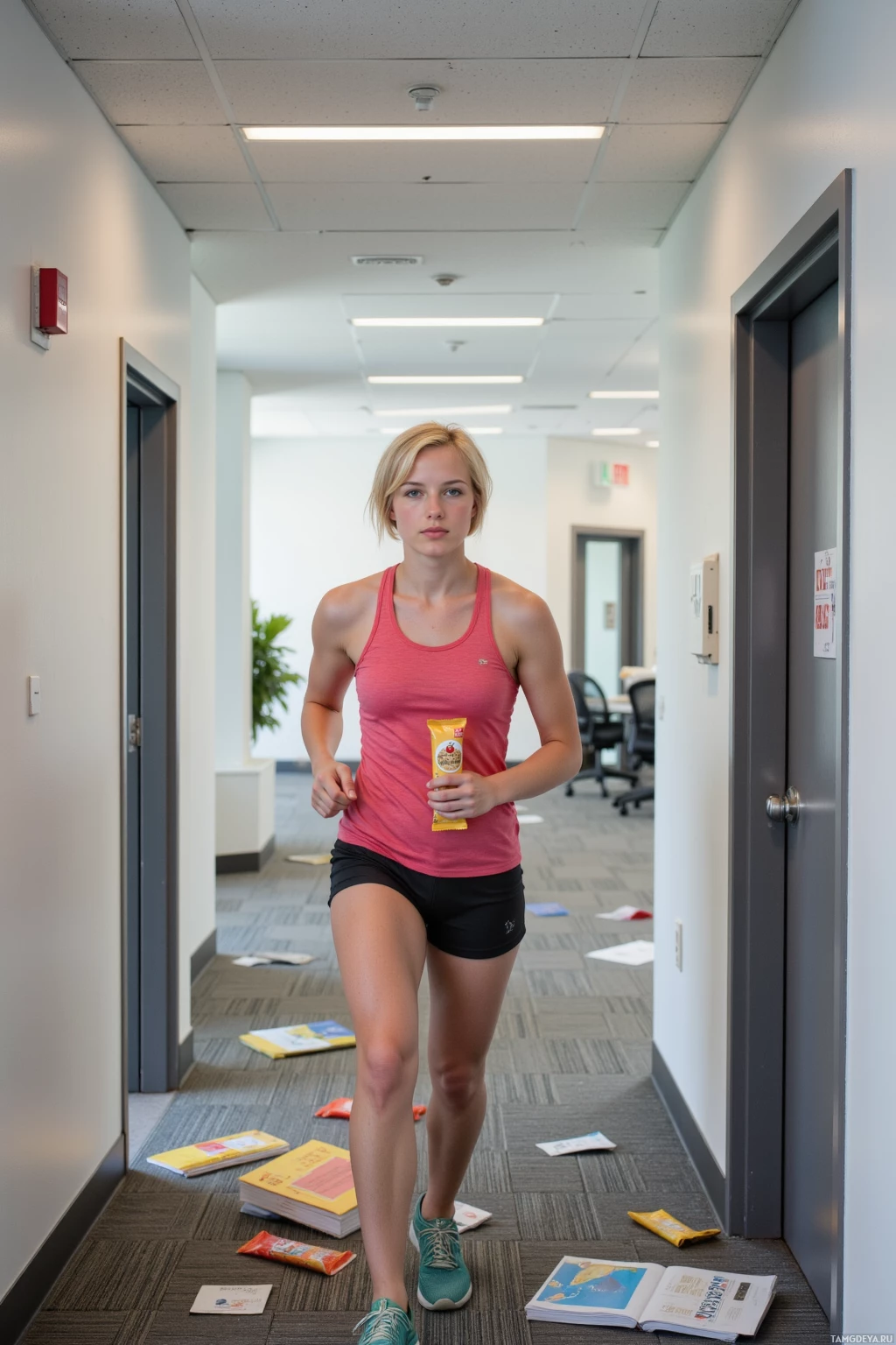 A person in athletic attire walks down a hallway holding a snack bar, with scattered papers on the floor.