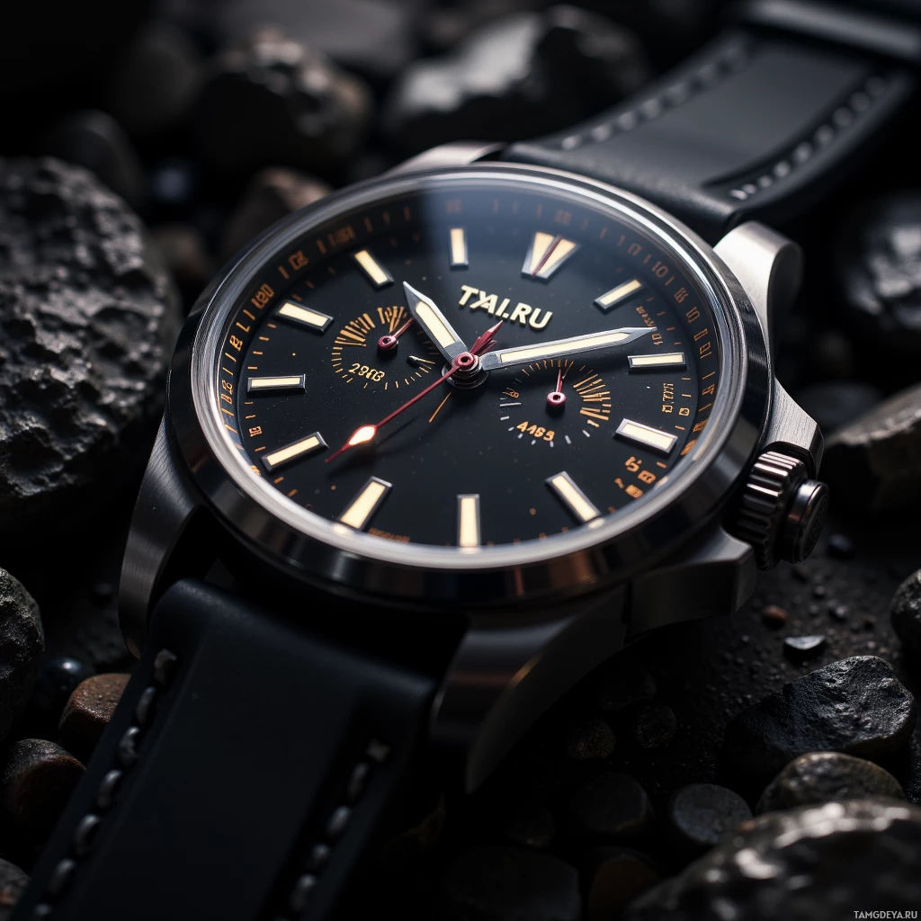 A close-up of a sleek, black wristwatch with a minimalist design and a leather strap.