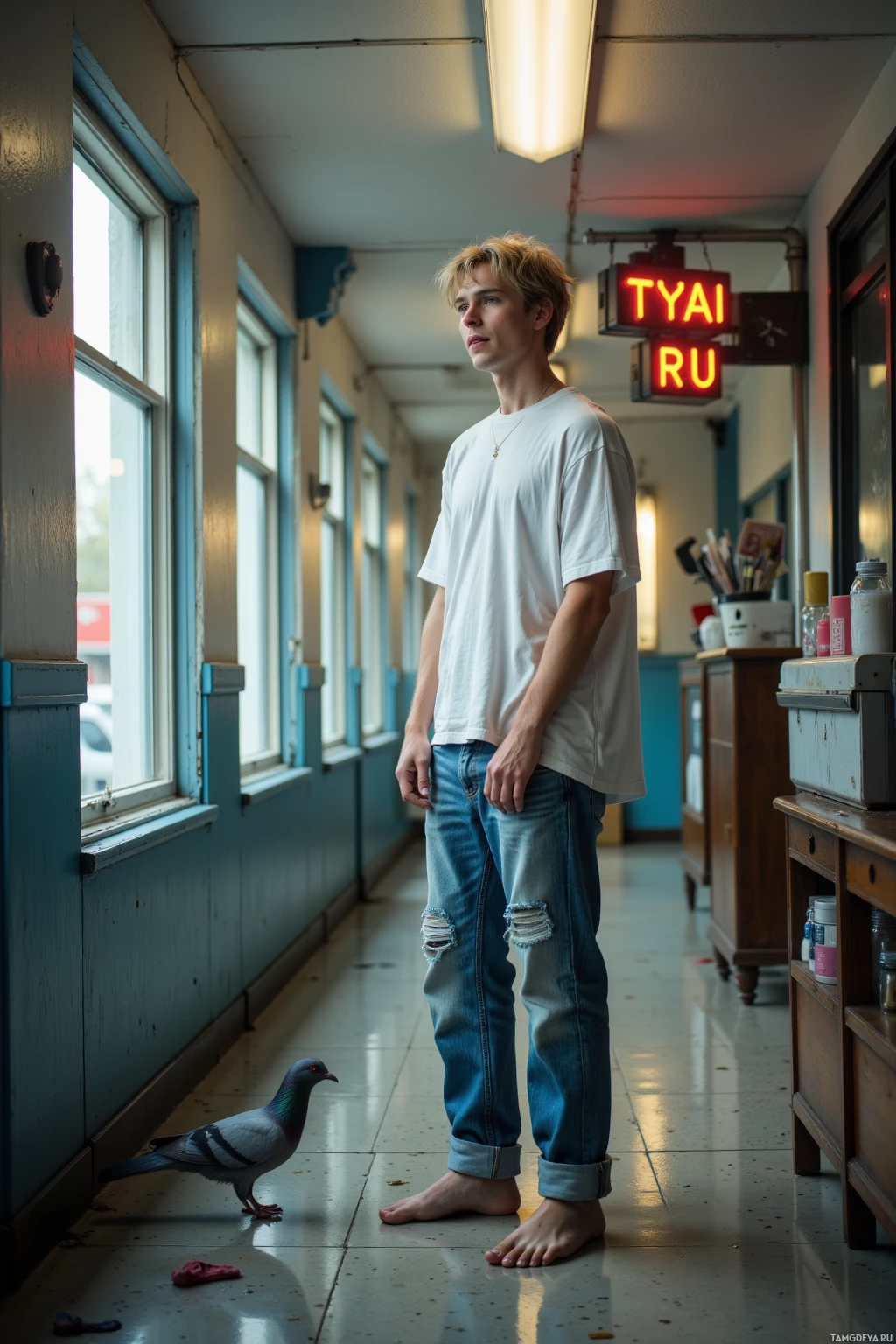 A young man stands barefoot in a hallway with a pigeon nearby.