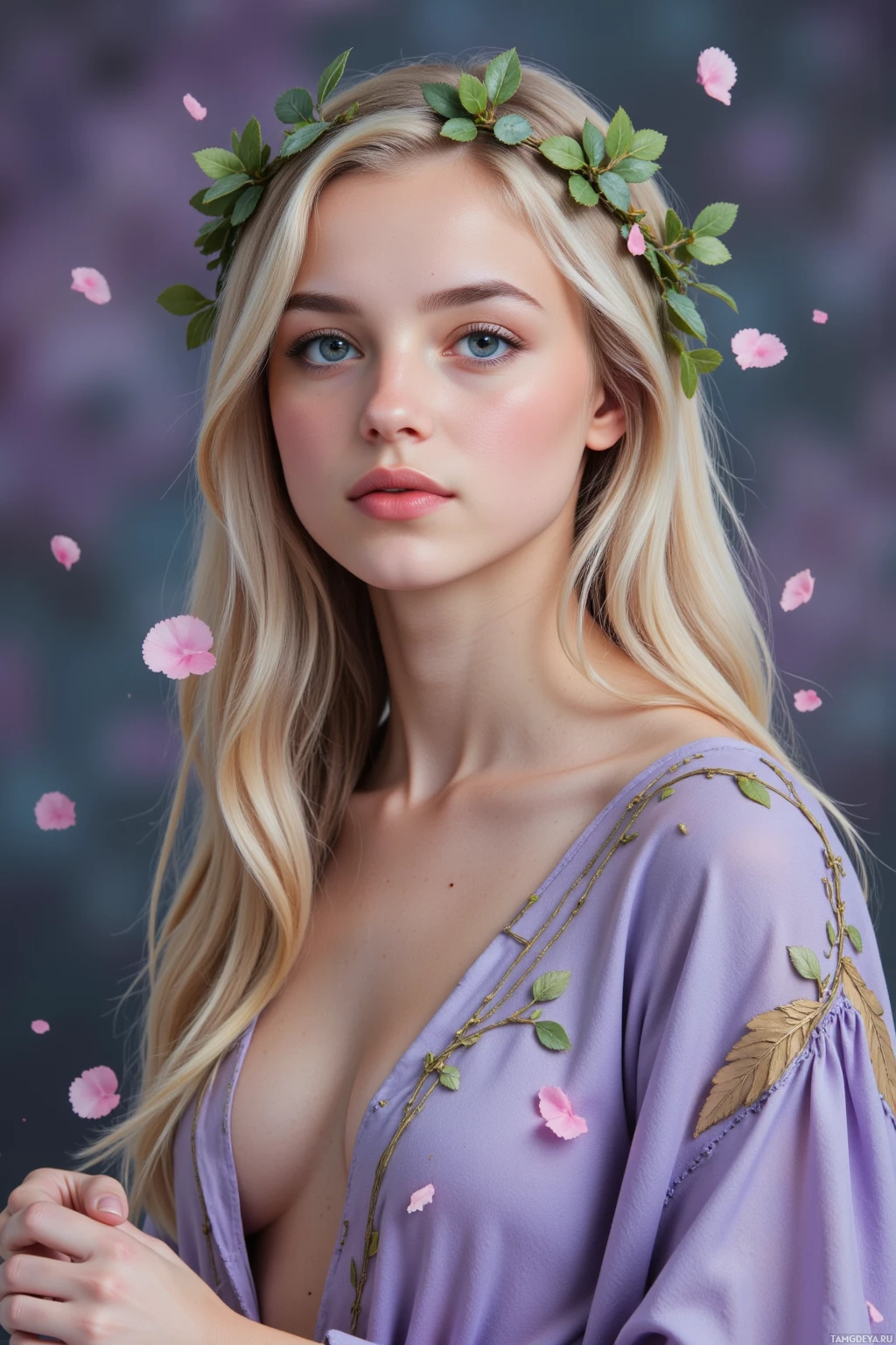 A woman with long blonde hair wears a floral crown and a purple dress with floral embroidery, surrounded by floating pink petals.