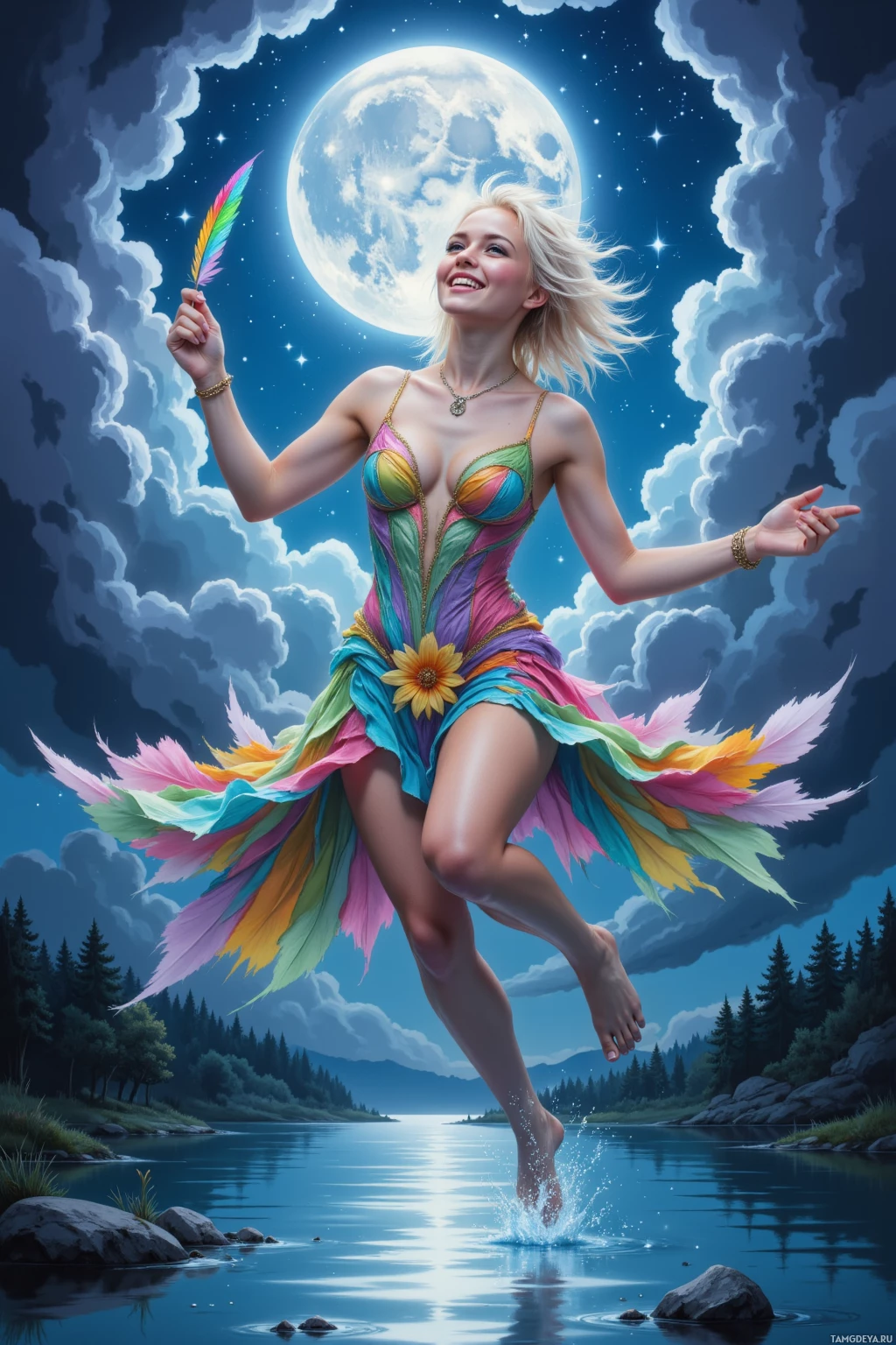 A woman in a colorful, flowing dress dances gracefully over a serene lake under a full moon.