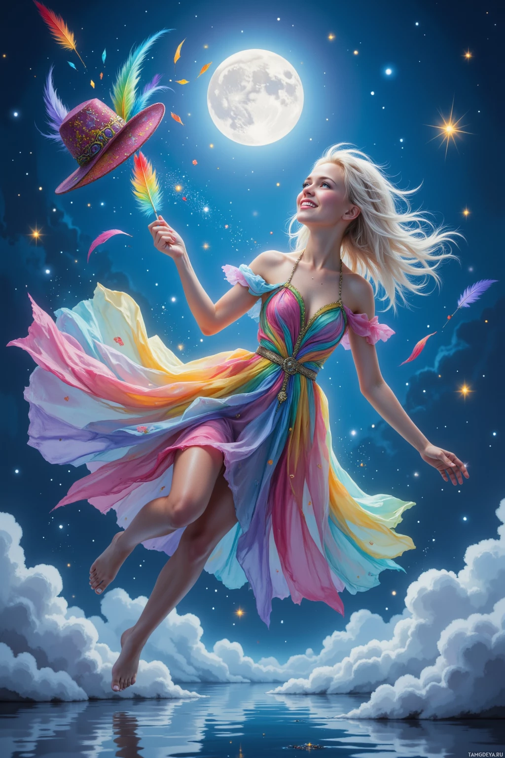 A woman in a flowing, colorful dress floats in a starry night sky, holding a feathered hat.