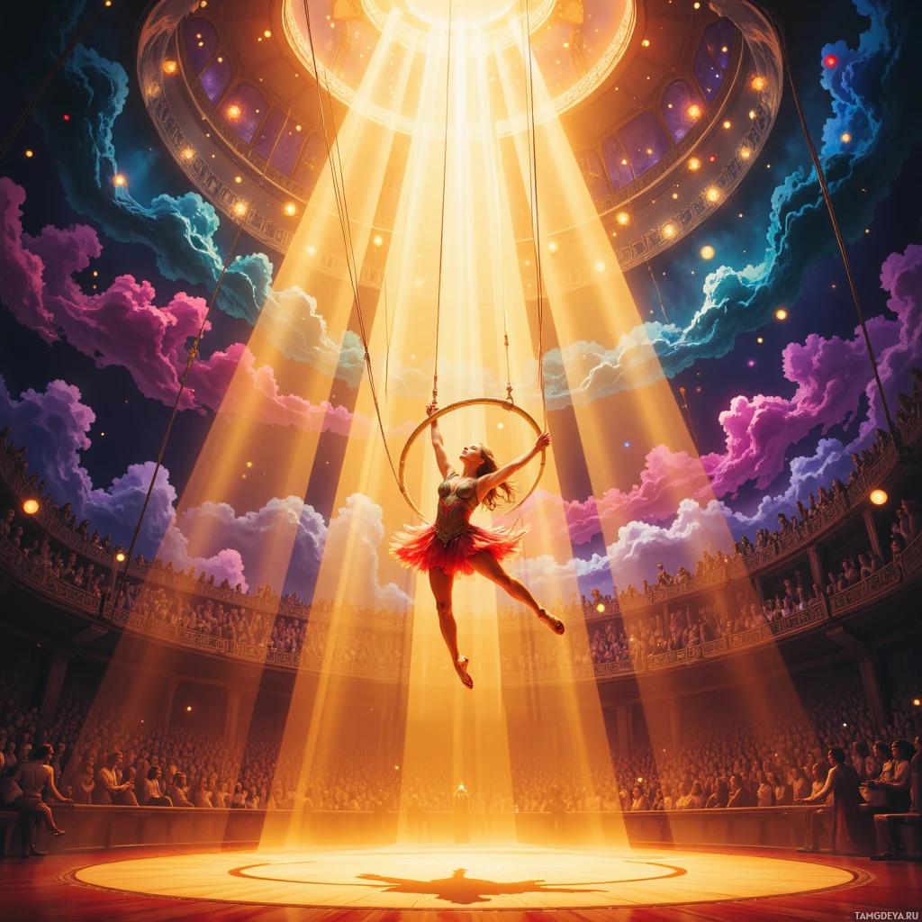 A ballerina performs on a hoop in a grand theater under radiant beams of light.