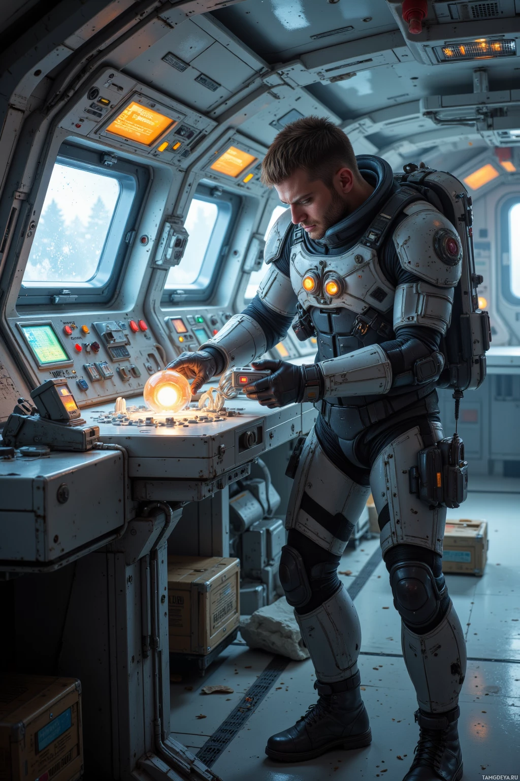 A person in futuristic armor operates a control panel inside a spacecraft.