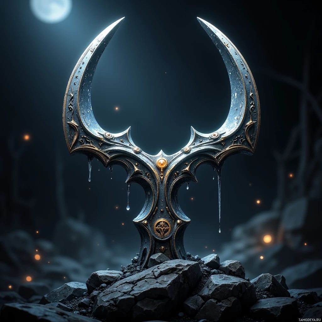 A mystical, ornate crescent-shaped artifact with glowing elements stands atop a rocky surface under a moonlit sky.
