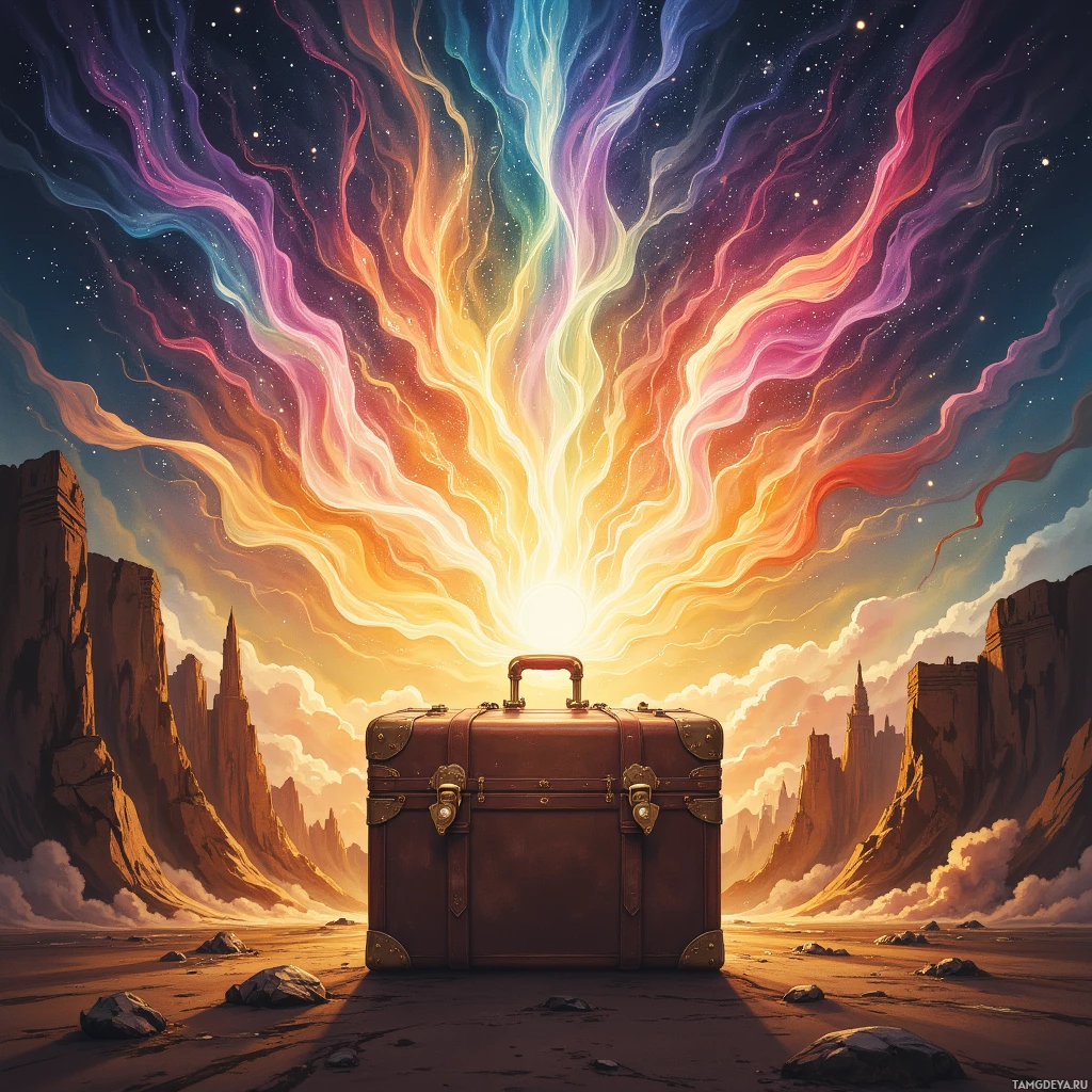 A suitcase sits in a desert landscape under a vibrant, starry sky with radiant, colorful beams of light.