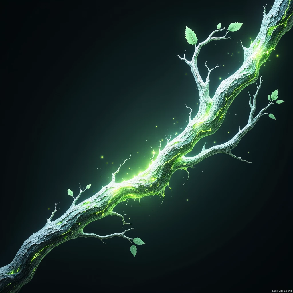 A glowing, ethereal tree branch with small leaves and green highlights against a dark background.