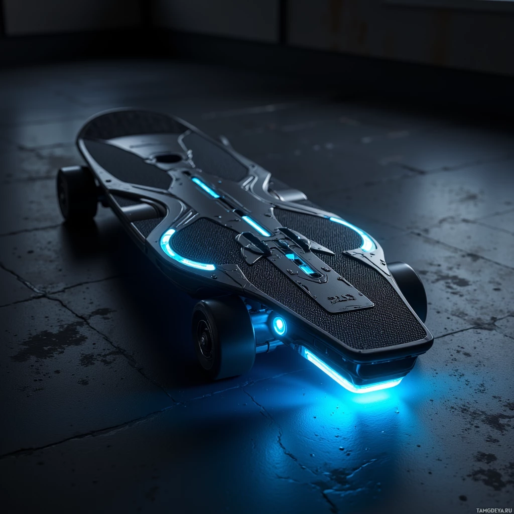 A futuristic skateboard with glowing blue lights rests on a dark, cracked surface.