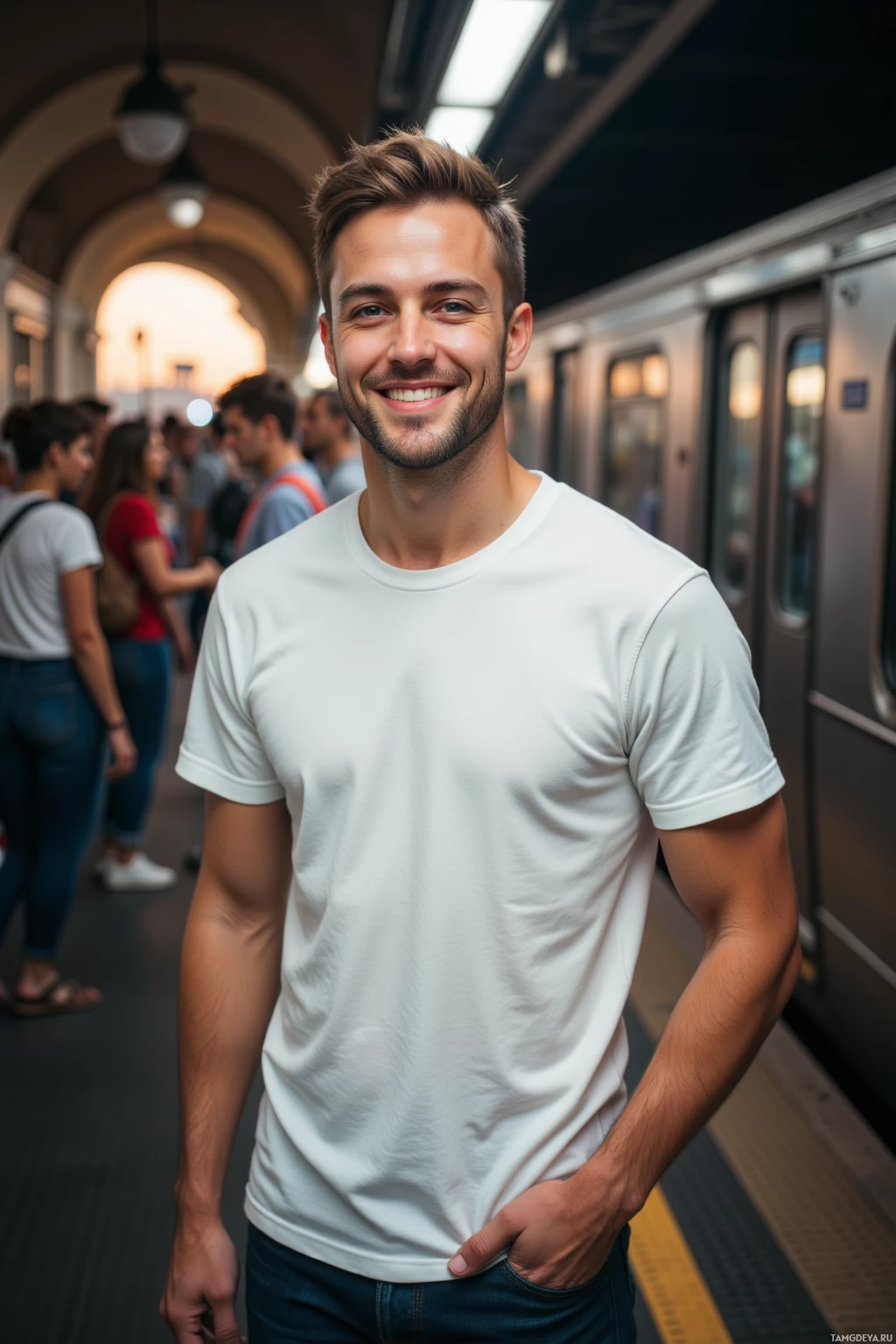 A man in a white t-shirt smiles at the camera while standing on a subway platform.