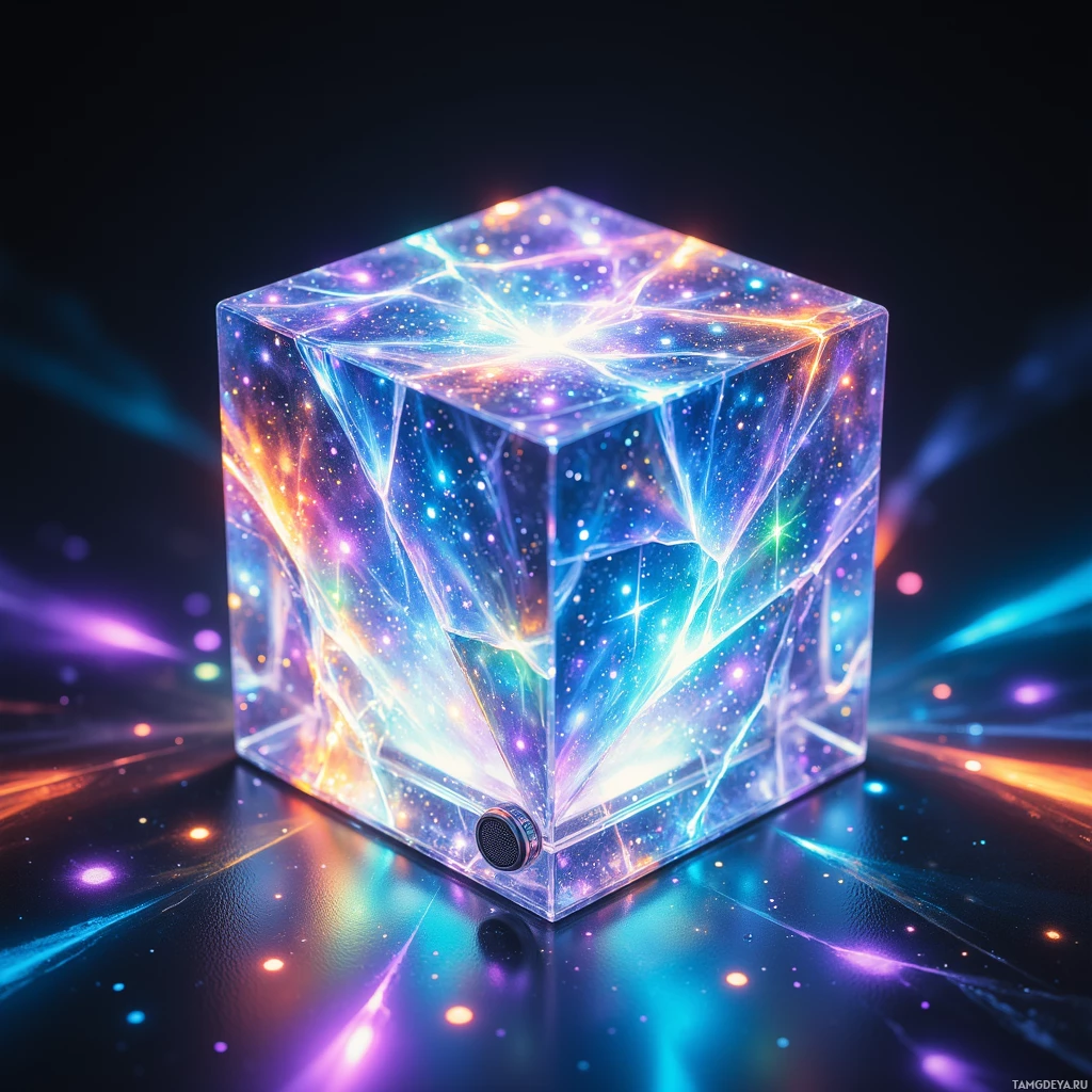 A glowing, transparent cube with intricate, colorful light patterns against a dark, starry background.